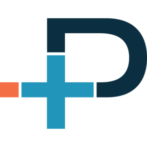 Plusius AB logo, a stylized letter P in the colours bright blue, dark blue and orange