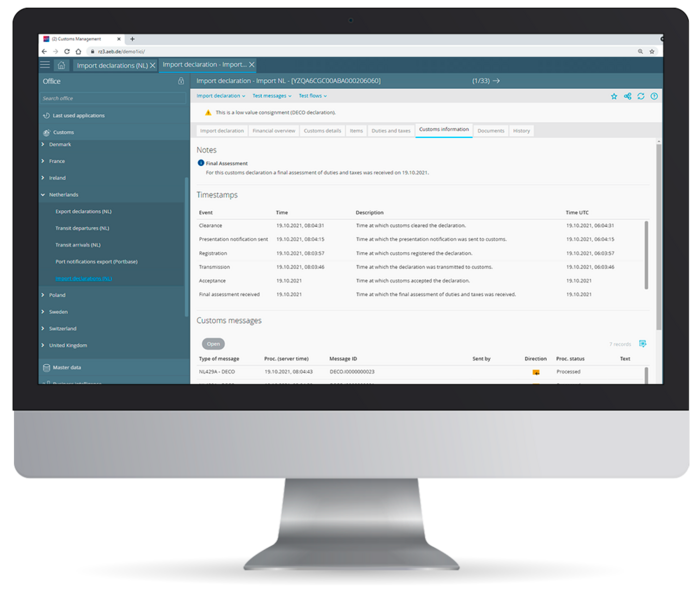 Example of status-overview of DECO-declarations in AEB's Import Filing: DECO solution.